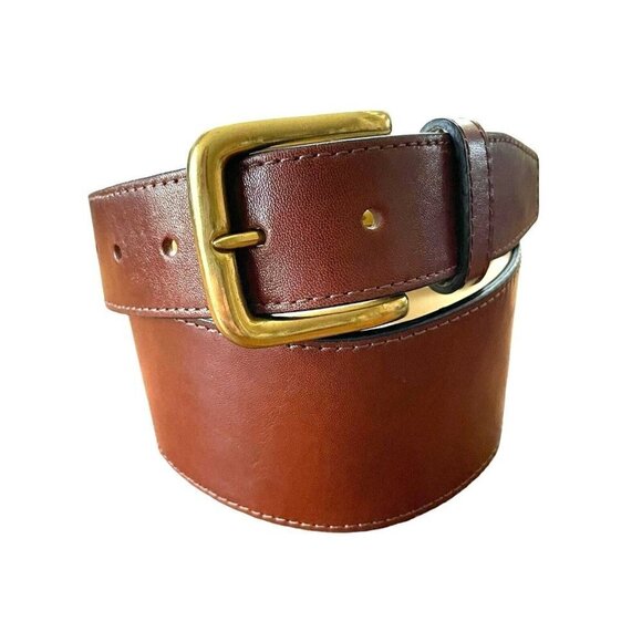 Cole Haan Womens Sz S Wide Brown Leather Waist Belt Chunky Brass Buckle - Picture 1 of 7